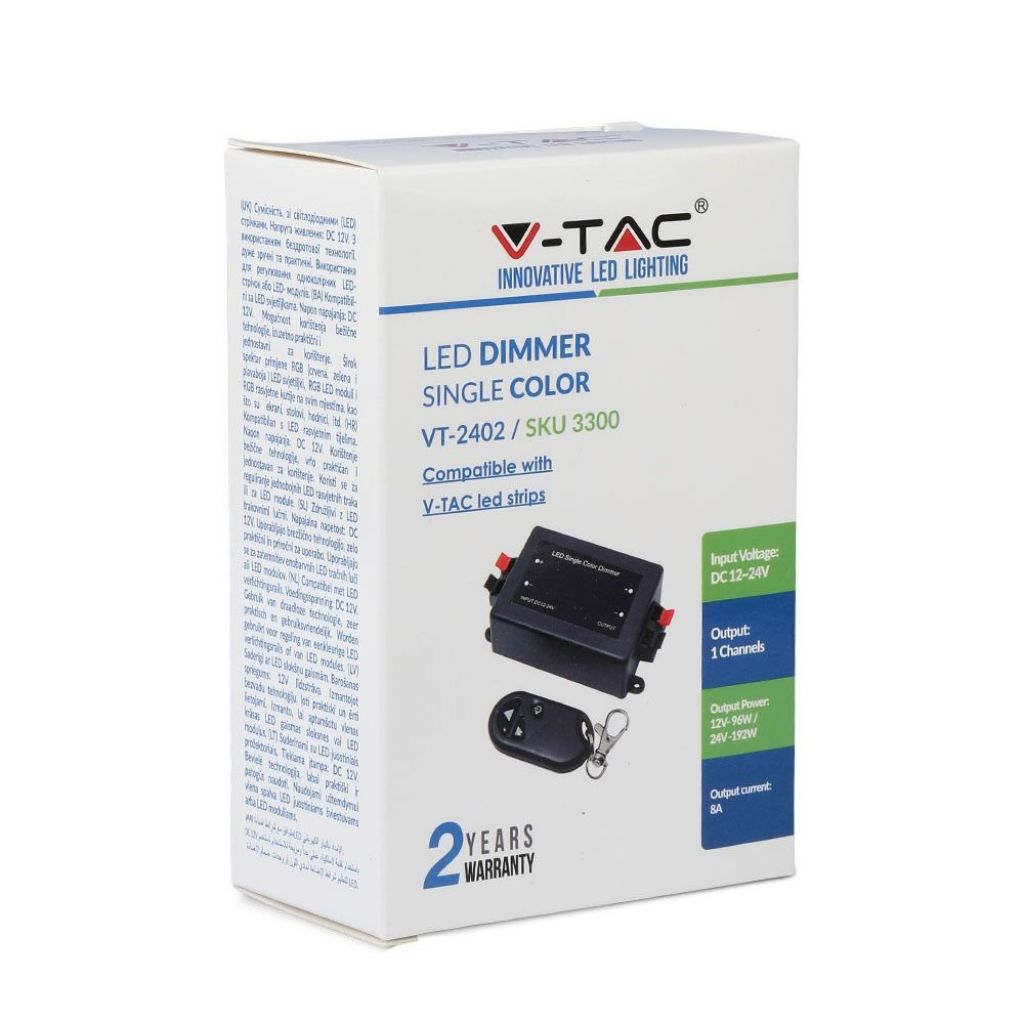 Sterownik V-TAC do taśm LED ściemnialny z pilotem 3-przyciskowym (maks. 96 W)